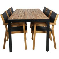 Ruokailuryhmä Venture Home, 205x90cm akaasia/musta Bois-pöytä + 6 mustaa, pinottavaa Venice-tuolia