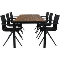 Ruokailuryhmä Venture Home, 205x90cm akaasia/musta Bois-pöytä + 6 mustaa Alina-tuolia