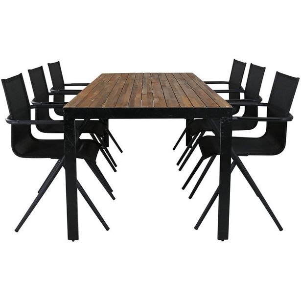 Ruokailuryhmä Venture Home, 205x90cm akaasia/musta Bois-pöytä + 6 mustaa Alina-tuolia
