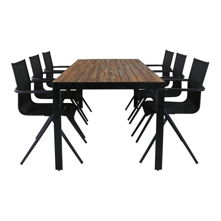 Ruokailuryhmä Venture Home, 205x90cm akaasia/musta Bois-pöytä + 6 mustaa Alina-tuolia