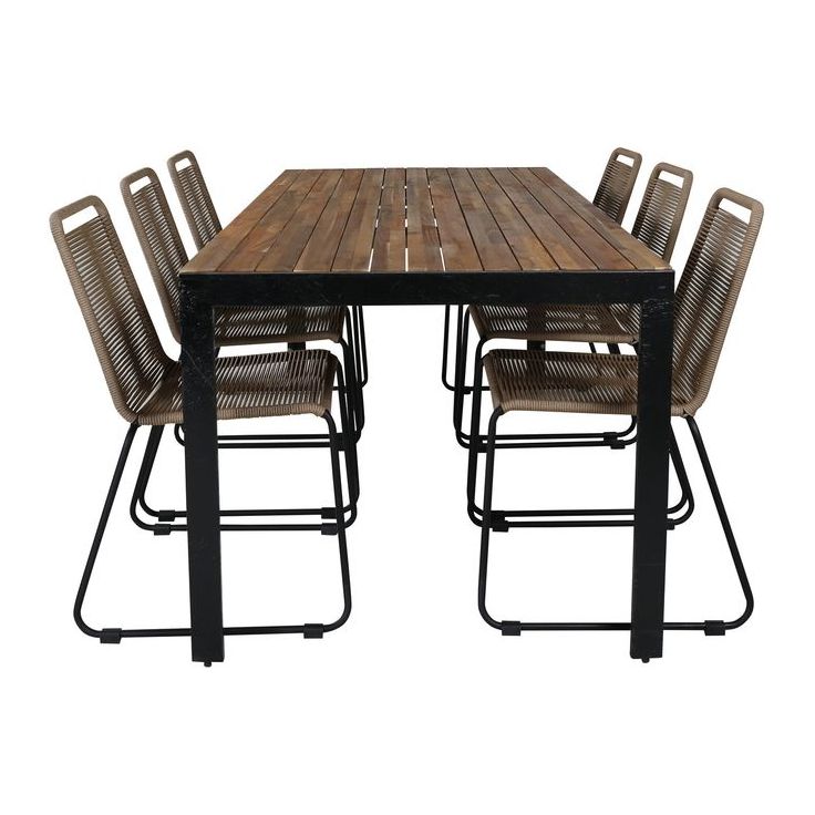 Ruokailuryhmä Venture Home, 205x90cm akaasia/musta Bois-pöytä + 6 pinottavaa Lindos-tuolia