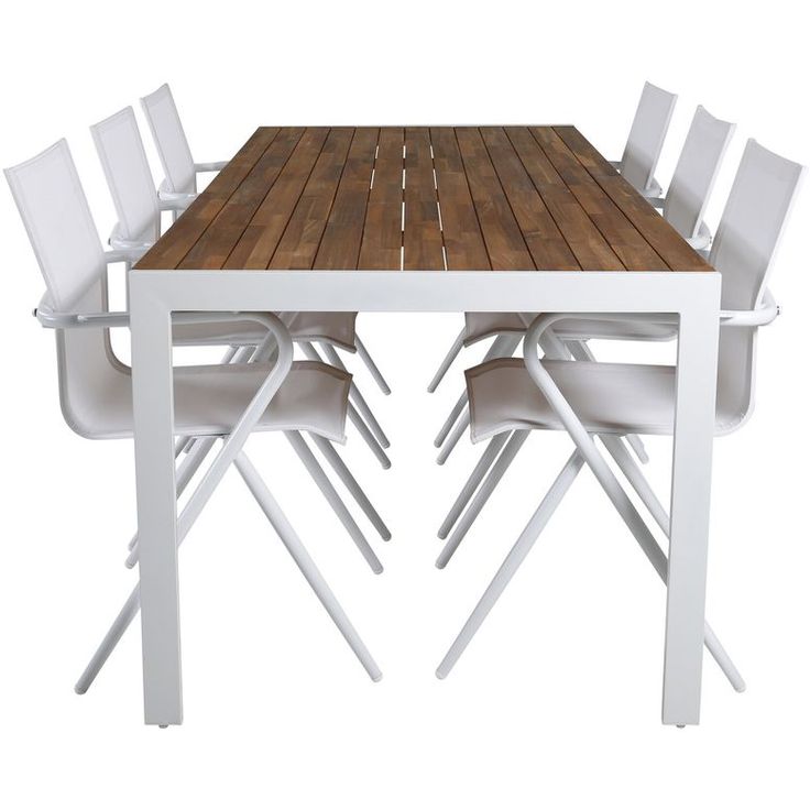 Ruokailuryhmä Venture Home, 205x90cm akaasia/valkoinen Bois-pöytä + 6 valkoista Alina-tuolia