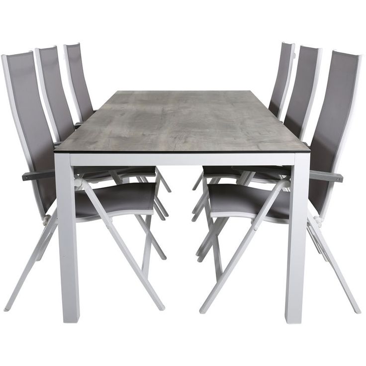 Ruokailuryhmä Venture Home, 205x100cm harmaa/valkoinen Llama-pöytä + 6 harmaa/valkoista Albany Light -säätötuolia