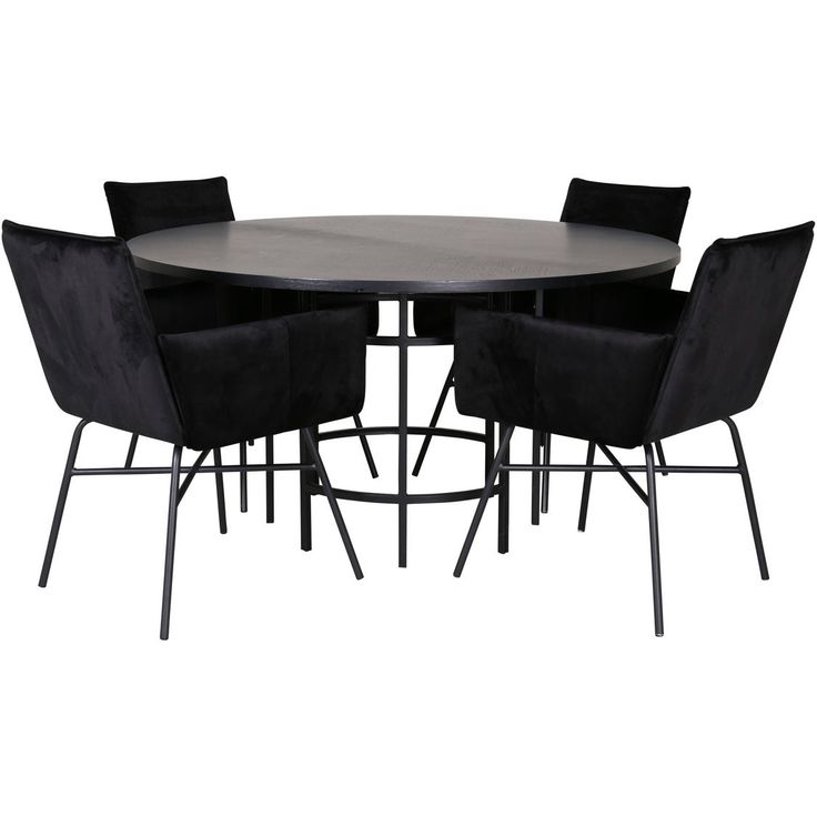 Ruokailuryhmä Venture Home, ⌀140cm musta Copenhagen-pöytä + 4 mustaa Petra-tuolia, musta/sametti