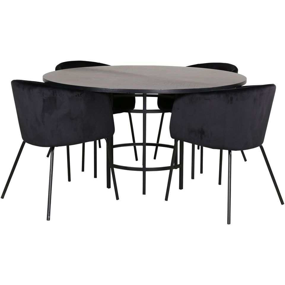 Ruokailuryhmä Venture Home, ⌀140cm musta Copenhagen-pöytä + 4 mustaa Berit-tuolia, sametti