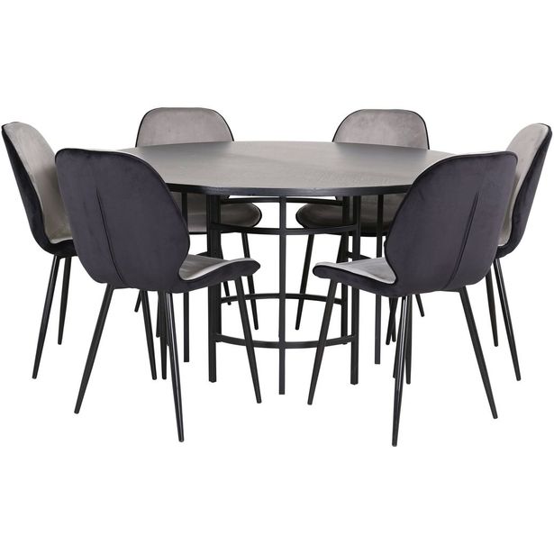 Ruokailuryhmä Venture Home, ⌀140cm musta Copenhagen-pöytä + 6 musta-harmaata Emma-tuolia