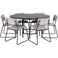 Ruokailuryhmä Venture Home, ⌀140cm musta Copenhagen-pöytä + 6 vaaleanharmaata Kenth-tuolia, sametti