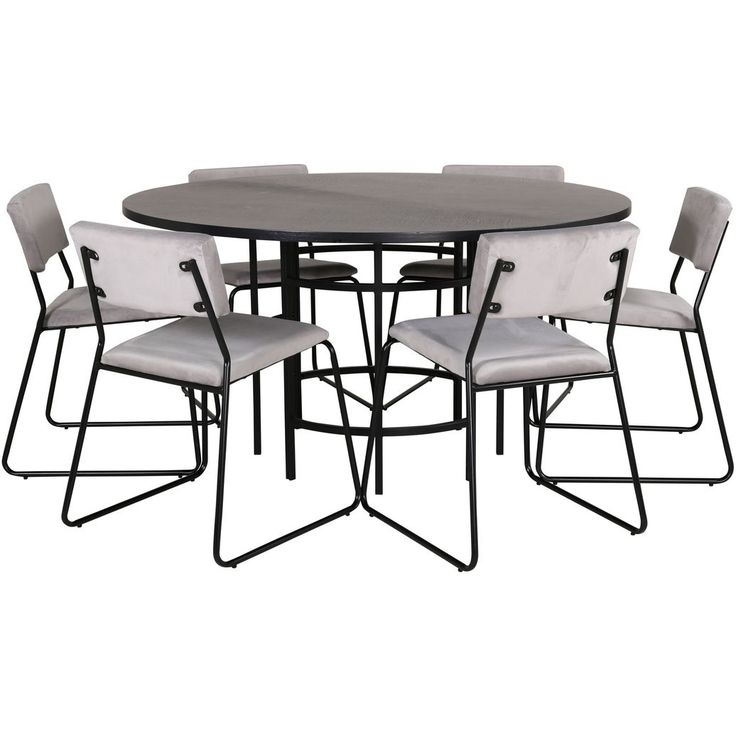 Ruokailuryhmä Venture Home, ⌀140cm musta Copenhagen-pöytä + 6 vaaleanharmaata Kenth-tuolia, sametti
