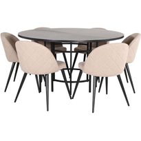 Ruokailuryhmä Venture Home, ⌀140cm musta Copenhagen-pöytä + 6 beigeä Velvet Stitches -tuolia