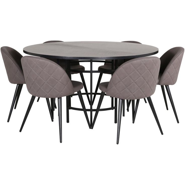 Ruokailuryhmä Venture Home, ⌀140cm musta Copenhagen-pöytä + 6 harmaata Velvet Stitches -tuolia