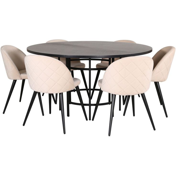 Ruokailuryhmä Venture Home, ⌀140cm musta Copenhagen-pöytä + 6 beigeä Velvet Stitches -tuolia, sametti