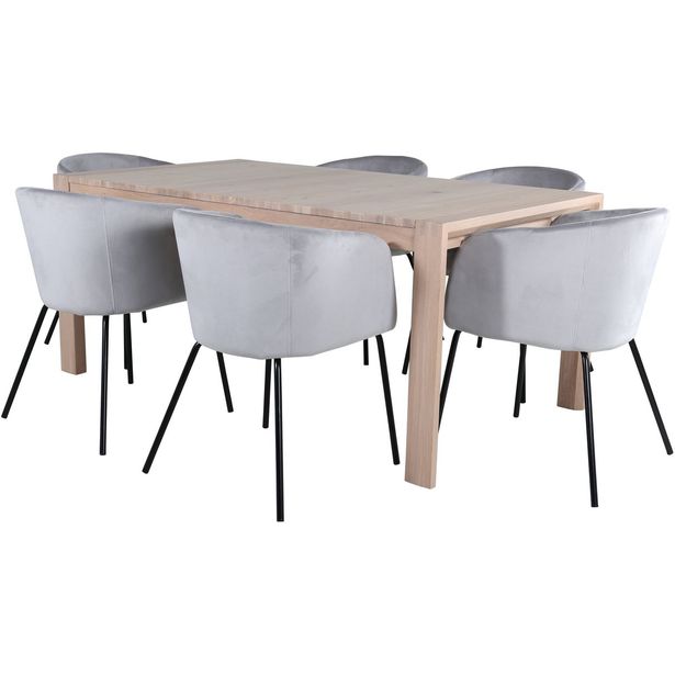 Ruokailuryhmä Venture Home, jatkettava beige Slider-pöytä + 6 vaaleanharmaata Berit-tuolia, sametti