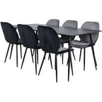 Ruokailuryhmä Venture Home, 180x90cm musta Silar-pöytä + 6 musta-harmaata Emma-tuolia, sametti