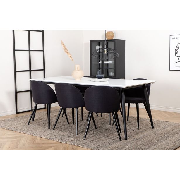 Ruokailuryhmä Venture Home, jatkettava Jimmy-pöytä + 6 mustaa Velvet-tuolia