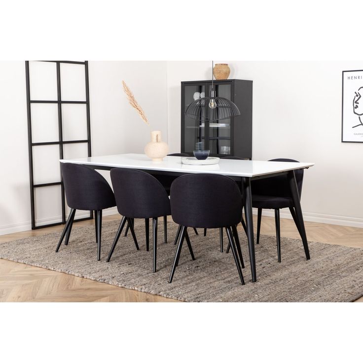 Ruokailuryhmä Venture Home, jatkettava Jimmy-pöytä + 6 mustaa Velvet-tuolia
