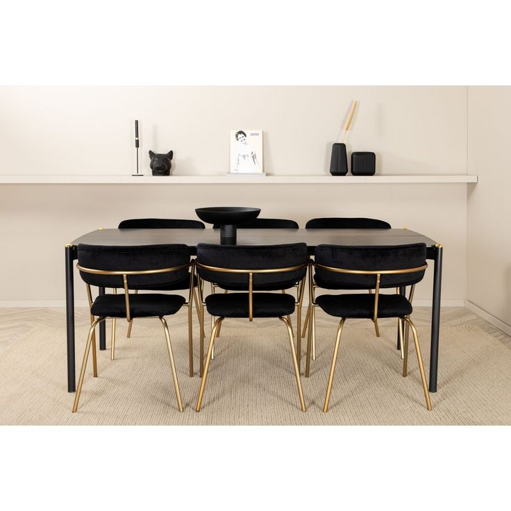 Ruokailuryhmä Venture Home, 190x90cm musta Pelle-pöytä + 6 mustaa Arrow-tuolia, sametti