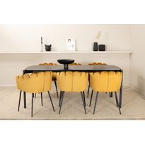Ruokailuryhmä Venture Home, 190x90cm musta Pelle-pöytä + 6 keltaista Limhamn-tuolia, sametti