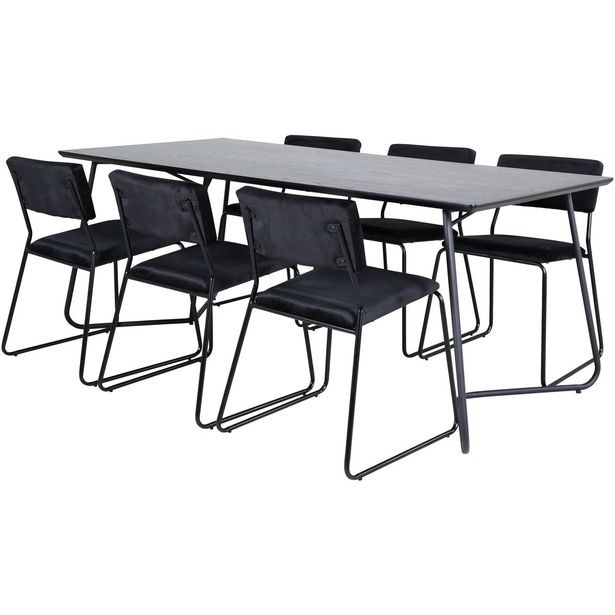 Ruokailuryhmä Venture Home, 190x90cm musta Petra-pöytä + 6 Kenth-tuolia, sametti
