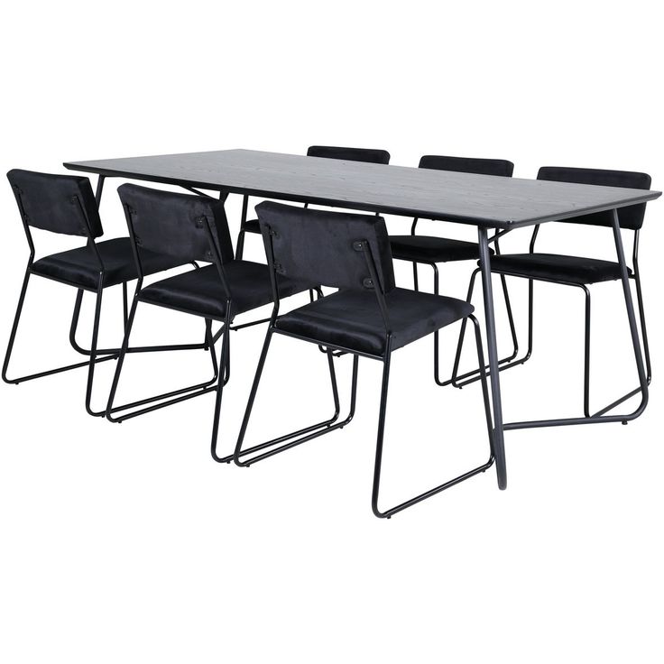 Ruokailuryhmä Venture Home, 190x90cm musta Petra-pöytä + 6 Kenth-tuolia, sametti