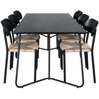 Ruokailuryhmä Venture Home, 190x90cm musta Petra-pöytä + 6 Polly-tuolia