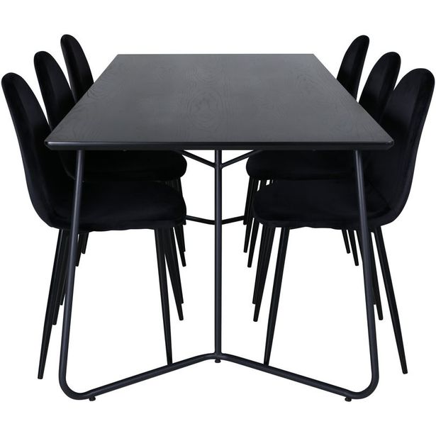 Ruokailuryhmä Venture Home, 190x90cm musta Petra-pöytä + 6 mustaa Polar-tuolia, sametti