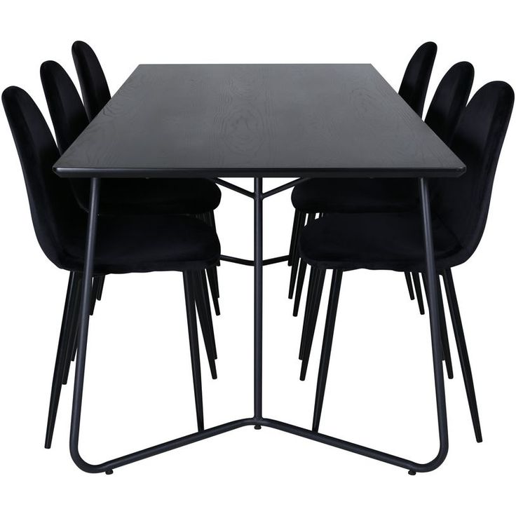 Ruokailuryhmä Venture Home, 190x90cm musta Petra-pöytä + 6 mustaa Polar-tuolia, sametti