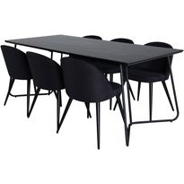 Ruokailuryhmä Venture Home, 190x90cm musta Petra-pöytä + 6 mustaa Velvet-tuolia