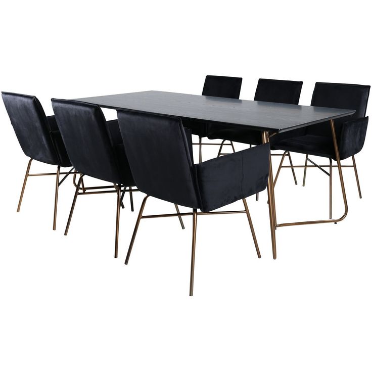 Ruokailuryhmä Venture Home, 190x90cm Petra-pöytä + 6 mustaa Petra-tuolia, sametti