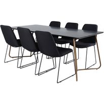 Ruokailuryhmä Venture Home, musta 190x90cm Petra-pöytä + 6 mustaa Muce-tuolia