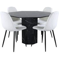 Ruokailuryhmä Venture Home, ⌀110cm musta Marbs-pöytä+ 4 valkoista Polar Fluff -tuolia
