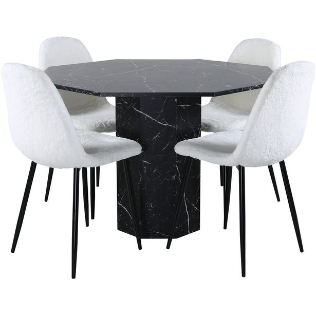 Ruokailuryhmä Venture Home, ⌀110cm musta Marbs-pöytä+ 4 valkoista Polar Fluff -tuolia