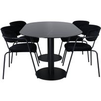 Soikea ruokailuryhmä Venture Home, 180x100cm Pillan-pöytä + 4 mustaa Arrow-tuolia, sametti