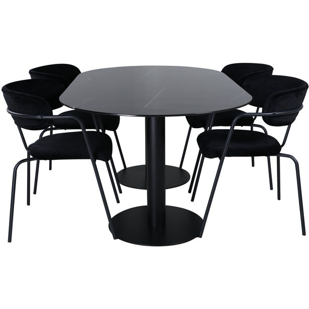 Soikea ruokailuryhmä Venture Home, 180x100cm Pillan-pöytä + 4 mustaa Arrow-tuolia, sametti