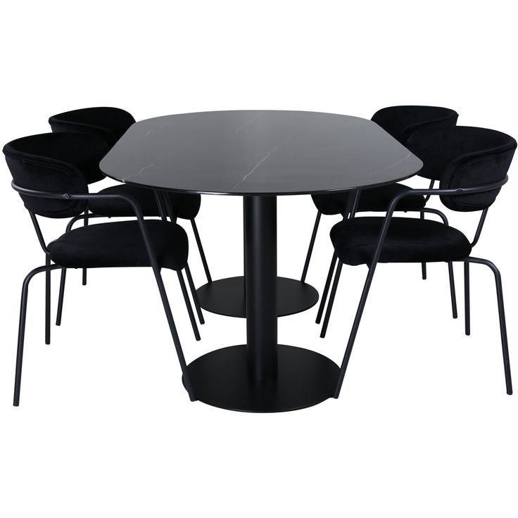 Soikea ruokailuryhmä Venture Home, 180x100cm Pillan-pöytä + 4 mustaa Arrow-tuolia, sametti
