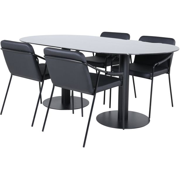 Soikea ruokailuryhmä Venture Home, 180x100cm musta Pillan-pöytä + 4 mustaa Tvist-tuolia, keinonahka