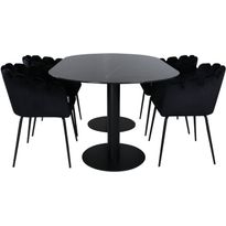 Soikea ruokailuryhmä Venture Home, 180x100cm Pillan-pöytä + 4 mustaa Limhamn-tuolia, sametti