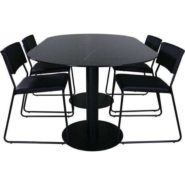 Soikea ruokailuryhmä Venture Home, 180x100cm musta Pillan-pöytä + 4 mustaa Kenth-tuolia, keinonahka