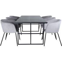 Ruokailuryhmä Venture Home, 200x90cm Leif-pöytä + 6 vaaleanharmaata Berit-tuolia, sametti