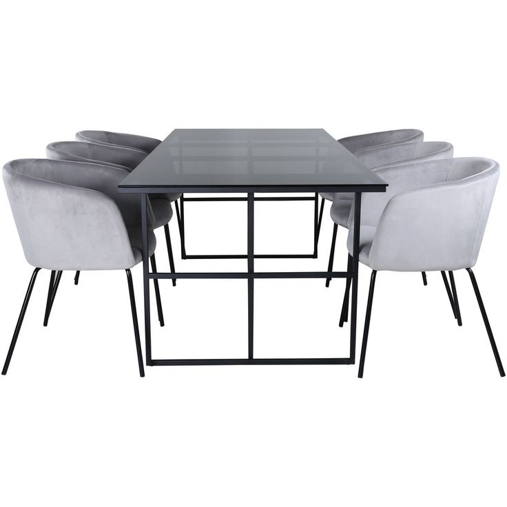 Ruokailuryhmä Venture Home, 200x90cm Leif-pöytä + 6 vaaleanharmaata Berit-tuolia, sametti