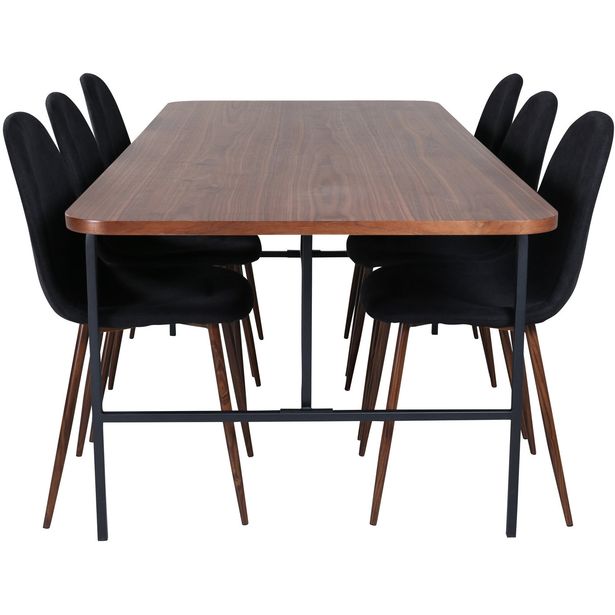 Ruokailuryhmä Venture Home, 200x90cm ruskea Uno-pöytä + 6 mustaa Polar-tuolia