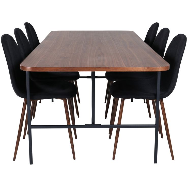 Ruokailuryhmä Venture Home, 200x90cm ruskea Uno-pöytä + 6 mustaa Polar-tuolia