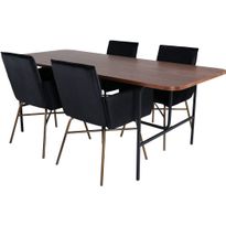 Ruokailuryhmä Venture Home, 200x90cm ruskea Uno-pöytä + 4 mustaa Petra-tuolia, sametti