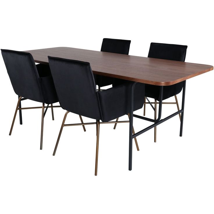 Ruokailuryhmä Venture Home, 200x90cm ruskea Uno-pöytä + 4 mustaa Petra-tuolia, sametti