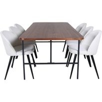 Ruokailuryhmä Venture Home, 200x90cm ruskea Uno-pöytä + 6 kerman sävyistä Velvet-tuolia, vakosametti