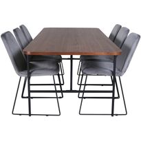 Ruokailuryhmä Venture Home, 200x90cm ruskea Uno-pöytä + 6 harmaata Muce-tuolia, sametti