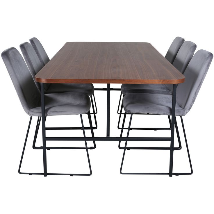 Ruokailuryhmä Venture Home, 200x90cm ruskea Uno-pöytä + 6 harmaata Muce-tuolia, sametti