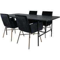 Ruokailuryhmä Venture Home, 200x90cm musta Uno-pöytä + 4 mustaa Petra-tuolia, sametti