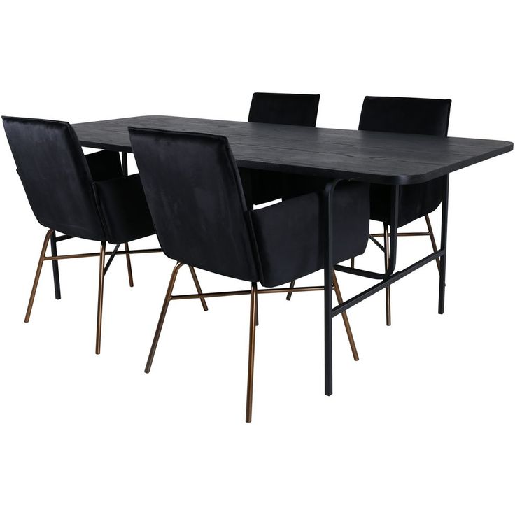 Ruokailuryhmä Venture Home, 200x90cm musta Uno-pöytä + 4 mustaa Petra-tuolia, sametti