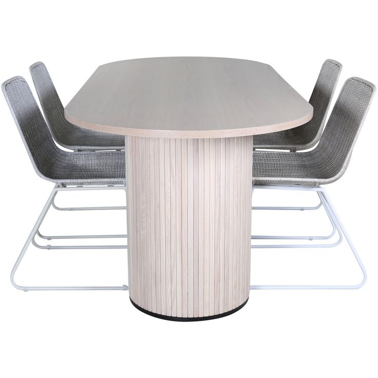 Soikea ruokailuryhmä Venture Home, 200x90cm vaalea Bianca-pöytä + 4 valkoista Cirebon-tuolia