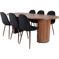 Ruokailuryhmä Venture Home, 200x90cm ruskea Bianca Oval -pöytä + 6 mustaa Polar-tuolia